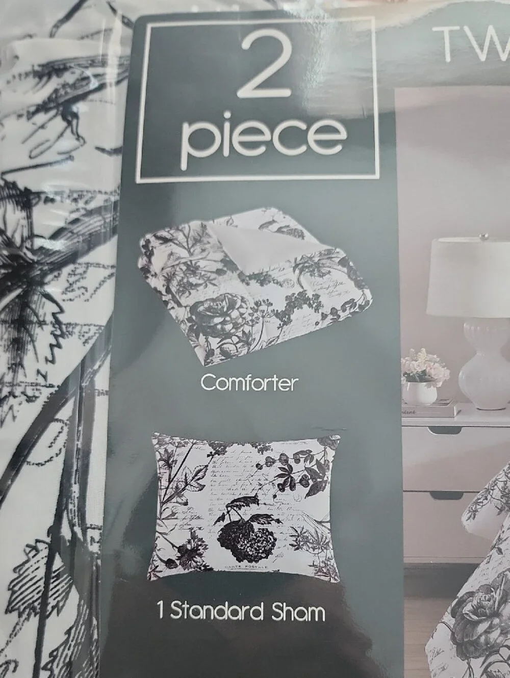 Twin/TXL Black and White Floral Comforter Set - 2 Piece